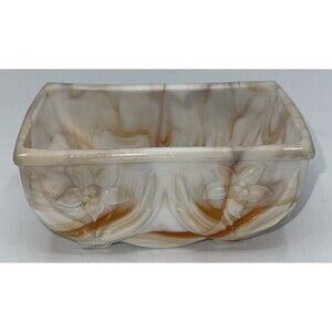 Vintage Akro Agate Orange White Marbled Slag Glass Planter/Dish Daffodils 5.5”